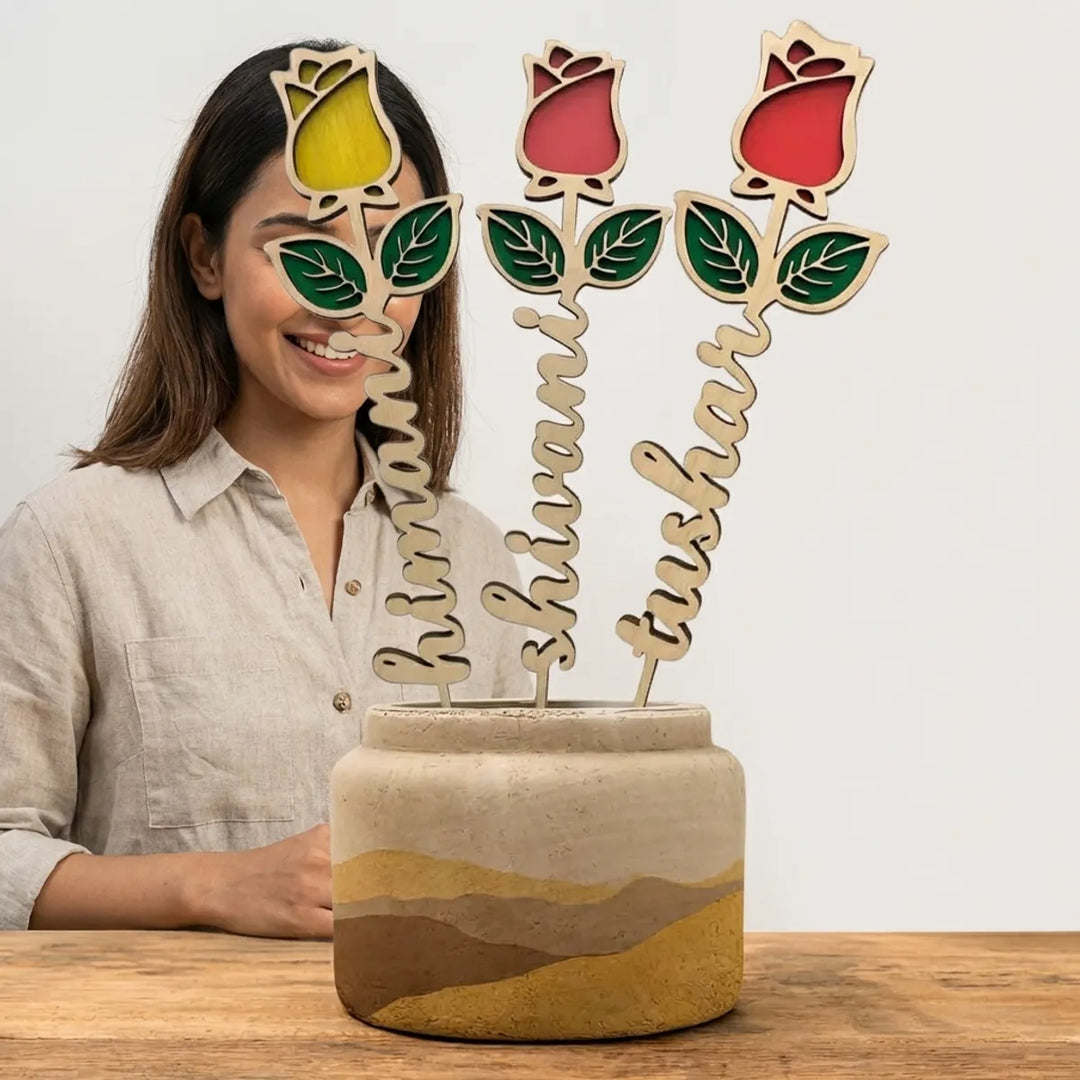 Personalized Decorative Rose Trio With Name Stems  Home Decor Gift