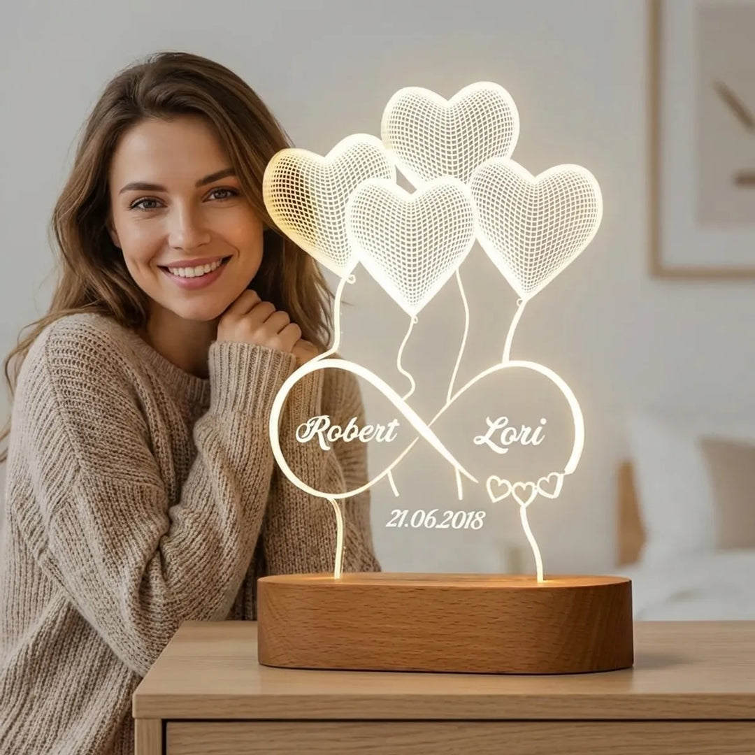Personalized Led Heart Balloon Lamp With Wooden Base
