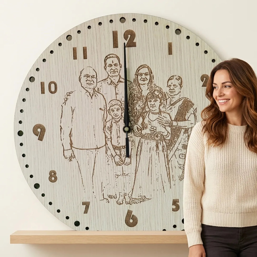 Personalized Family Photo Engraved Wooden Wall Clock  999