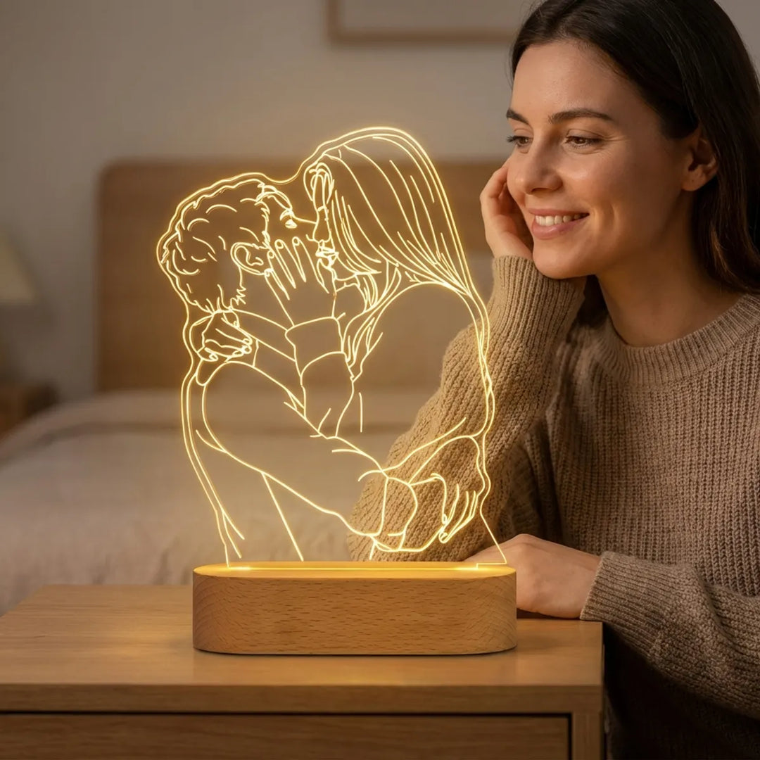 Personalized 3D Led Night Lamp With Custom Photo Engraving On Wooden Base