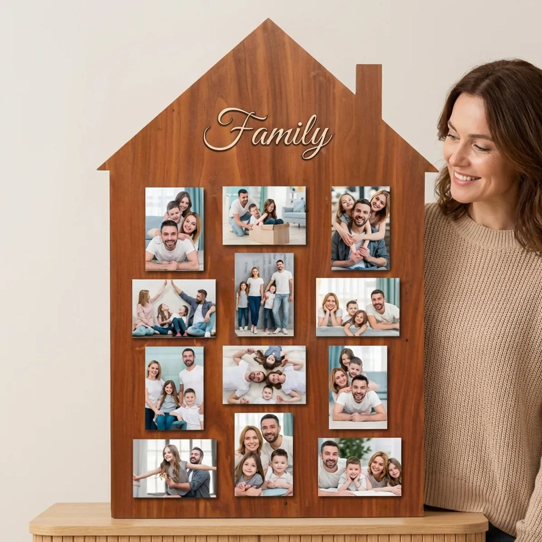 Wooden House Shaped Family Photo Frame With 12 Picture Slots