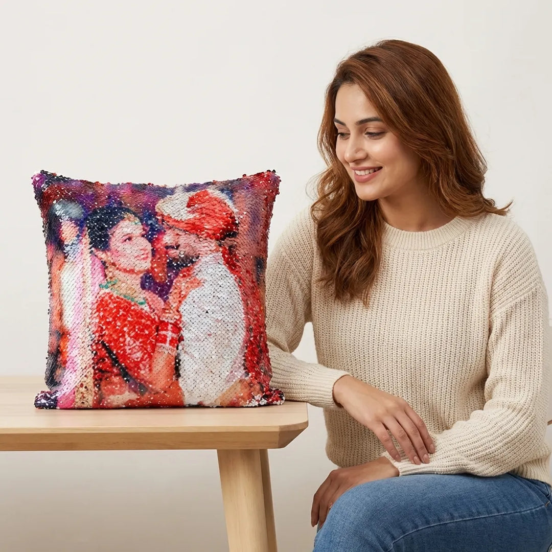 Personalized Photo Sequin Cushion With Color Changing Magic