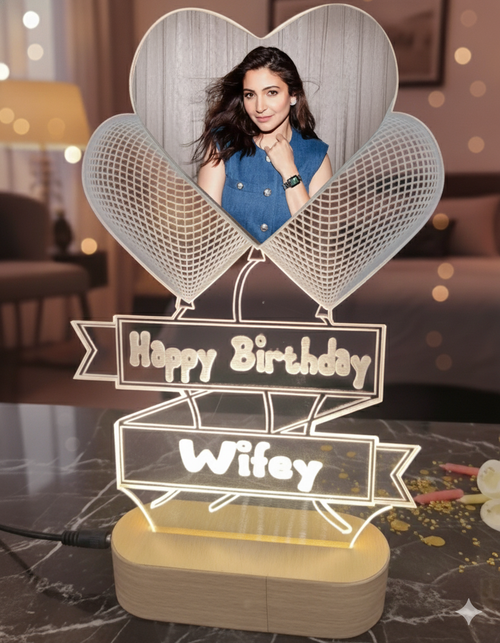 Wifey Happy Birthday LED Photo Frame - Personalized Illuminated Gift with Heart Design