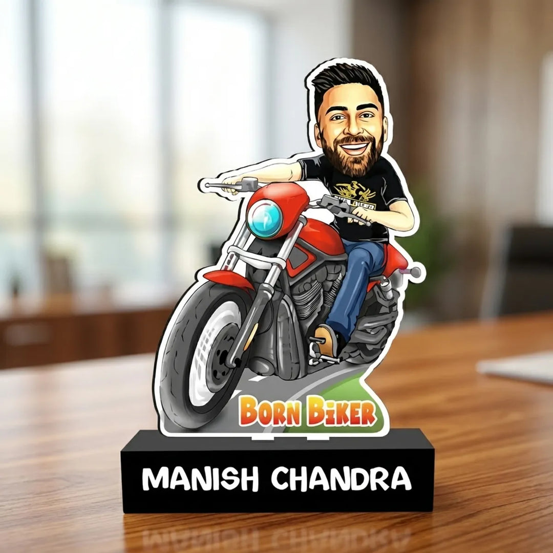 Personalized Caricature Standee - Born Biker Theme with Motorcycle and Custom Name