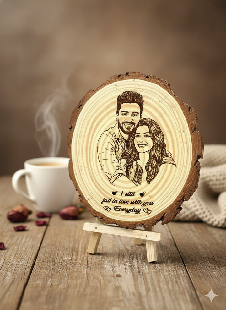 Personalized Wooden Photo Frame with Couple Portrait and Romantic Message