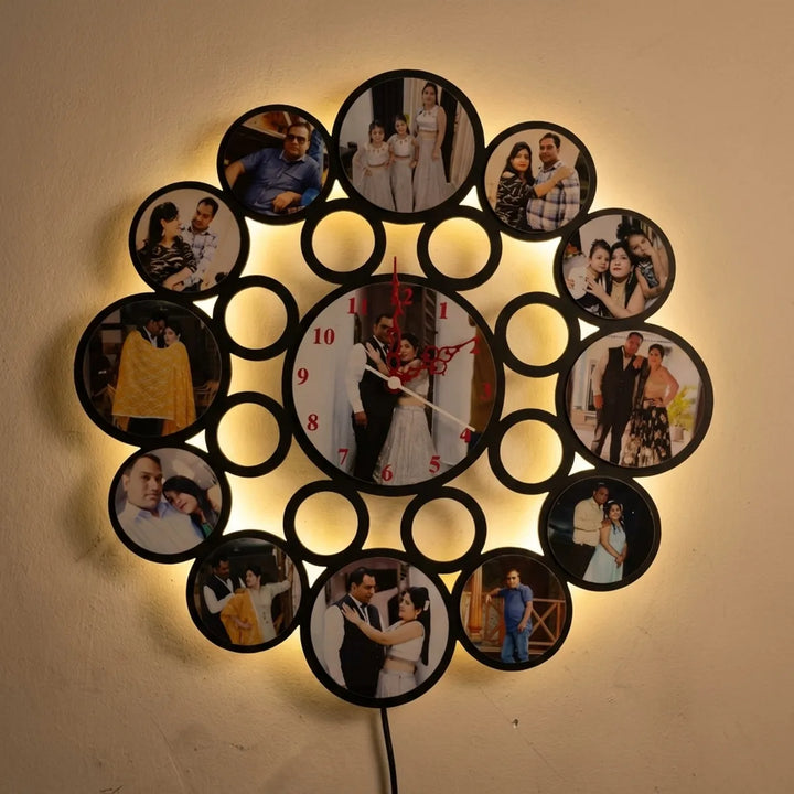 Decorative Photo Frame Wall Clock with LED Backlight - Circular Design with Multiple Photo Slots