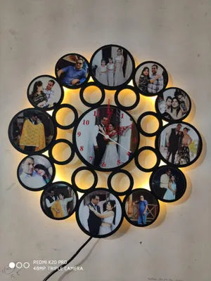 Decorative Photo Frame Wall Clock with LED Backlight - Circular Design with Multiple Photo Slots