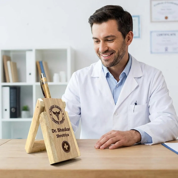 Personalized Wooden Mobile Stand With Pen Holder  Doctor Theme