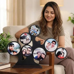 Family Tree Photo Frame with 7 Picture Slots - Black Wooden Desktop Frame