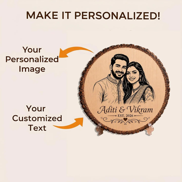 GIFT HATKE Personalized Wooden Photo Engraved Frame with Stand | Custom Couple Portrait on Natural Wood Slice | Laser Engraved Anniversary, Wedding, Engagement, Birthday, Valentine&