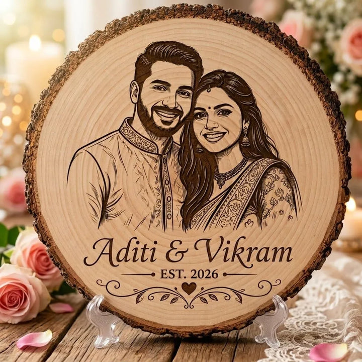 GIFT HATKE Personalized Wooden Photo Engraved Frame with Stand | Custom Couple Portrait on Natural Wood Slice | Laser Engraved Anniversary, Wedding, Engagement, Birthday, Valentine&