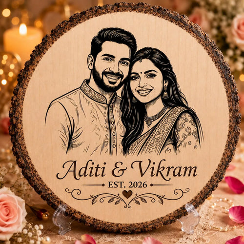 GIFT HATKE Personalized Wooden Photo Engraved Frame with Stand | Custom Couple Portrait on Natural Wood Slice | Laser Engraved Anniversary, Wedding, Engagement, Birthday, Valentine's Day Gift for Husband, Wife & Couples