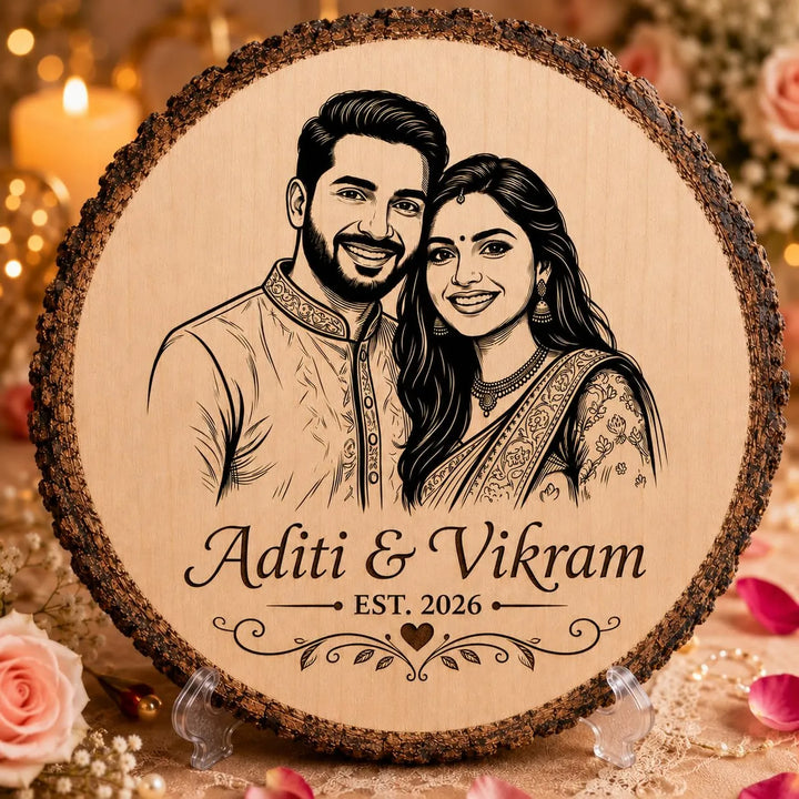 GIFT HATKE Personalized Wooden Photo Engraved Frame with Stand | Custom Couple Portrait on Natural Wood Slice | Laser Engraved Anniversary, Wedding, Engagement, Birthday, Valentine&