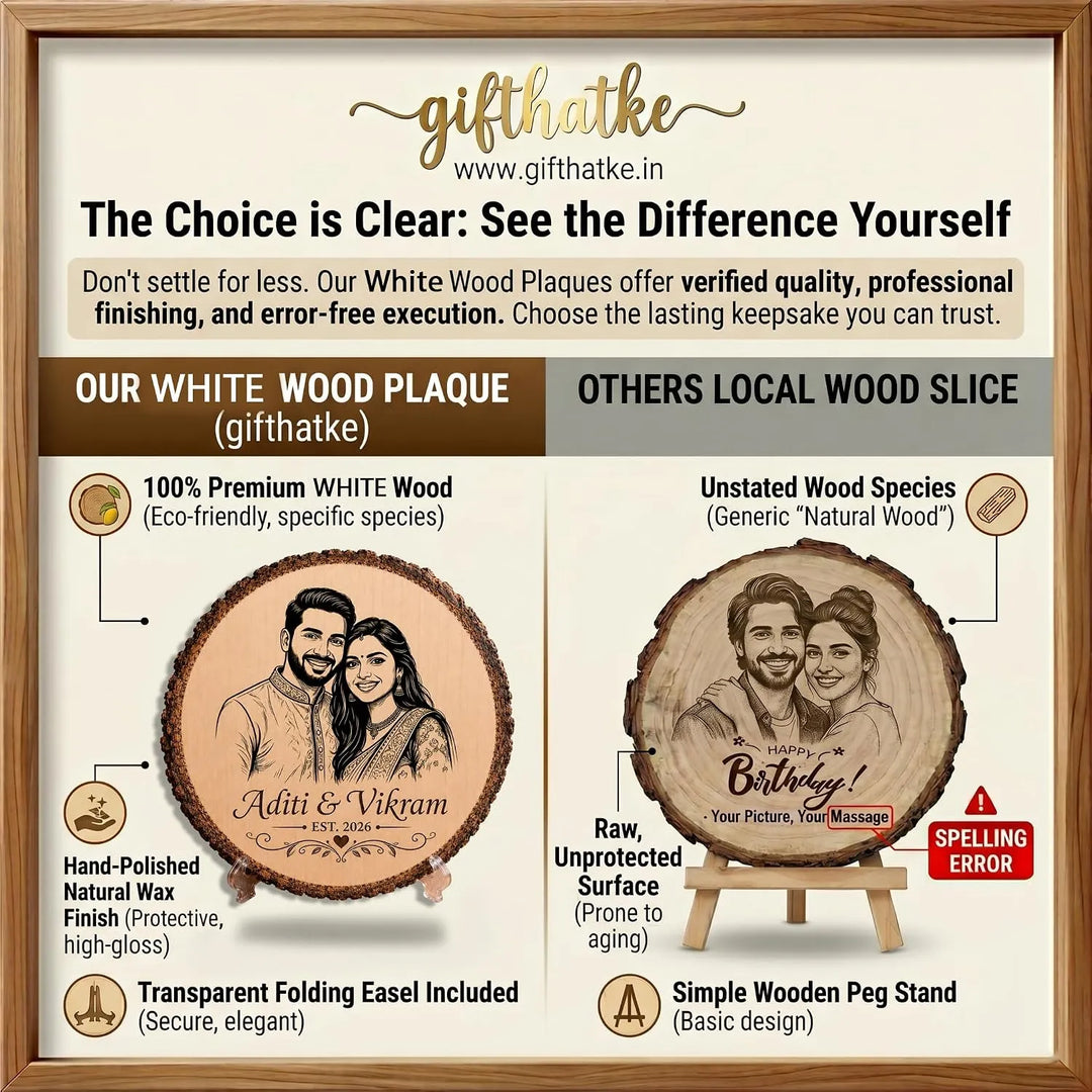 GIFT HATKE Personalized Wooden Photo Engraved Frame with Stand | Custom Couple Portrait on Natural Wood Slice | Laser Engraved Anniversary, Wedding, Engagement, Birthday, Valentine&