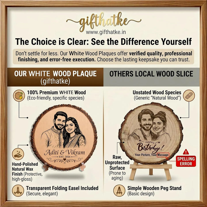 GIFT HATKE Personalized Wooden Photo Engraved Frame with Stand | Custom Couple Portrait on Natural Wood Slice | Laser Engraved Anniversary, Wedding, Engagement, Birthday, Valentine&