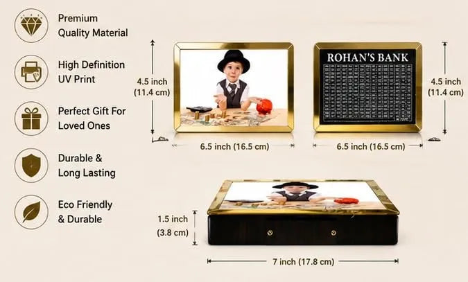 A product infographic showing a custom photo money box and matching money tree set with dimensions and feature icons. The set includes a framed photo of a young boy in a suit, a black money tree with gold trim labeled &