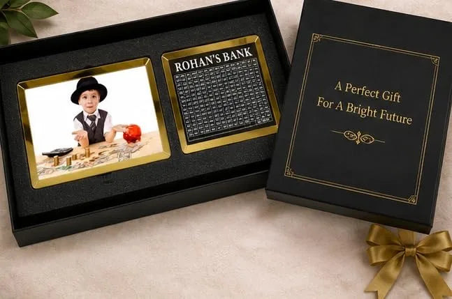 A product infographic showing a custom photo money box and matching money tree set with dimensions and feature icons. The set includes a framed photo of a young boy in a suit, a black money tree with gold trim labeled &