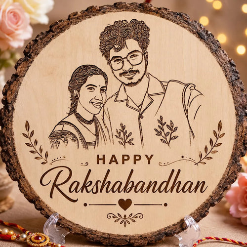 A round wooden slice plaque with natural bark edges, engraved with a portrait of a man and woman and the text 'HAPPY Rakshabandhan' with decorative flourishes. The plaque is displayed on clear stands against a softly blurred festive background with flowers and warm lights.
