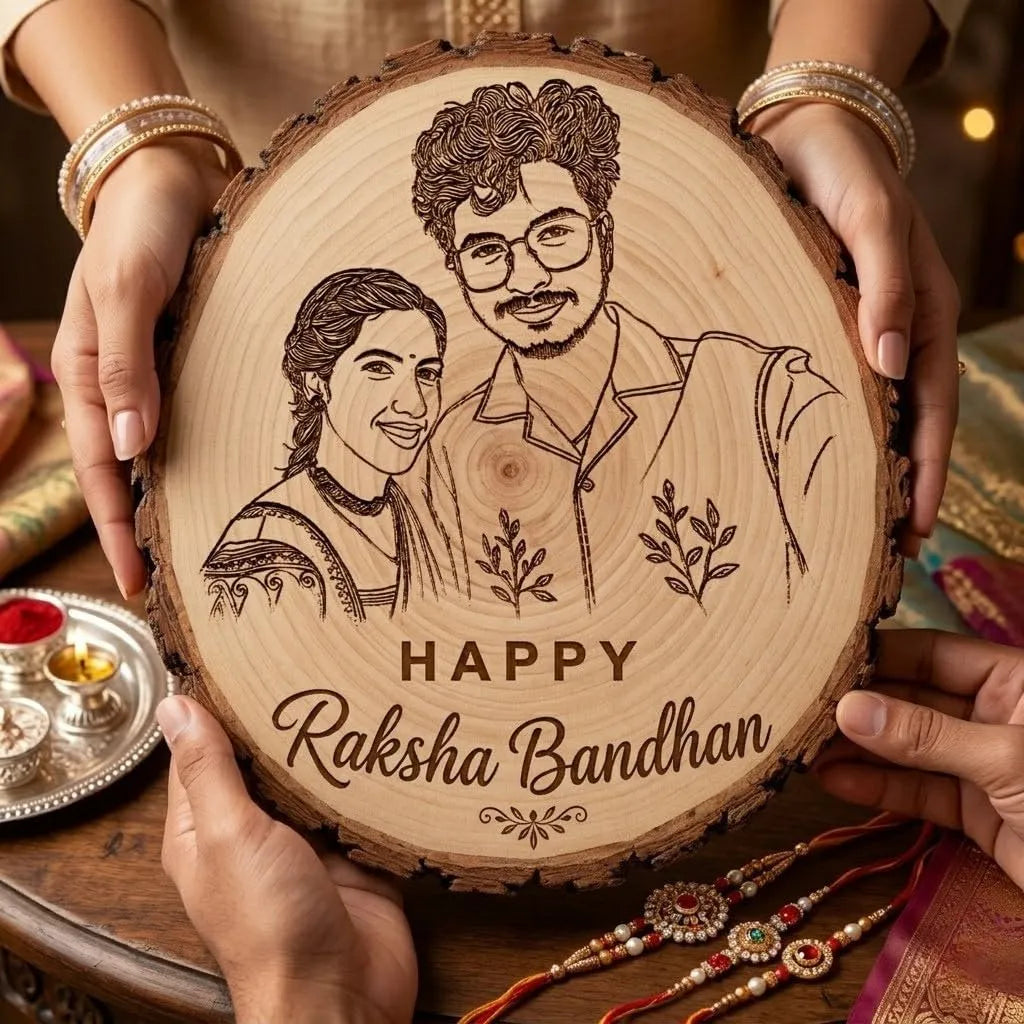 A round wooden slice plaque with a custom engraved portrait of a couple and the text &