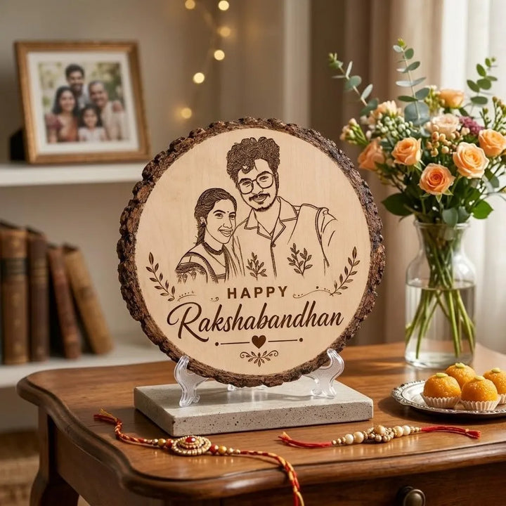 A personalized wooden Rakhi bandhana plaque featuring an engraved illustration of a couple and the text &