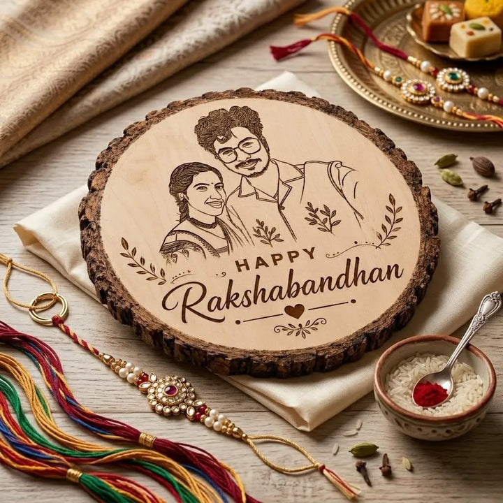 A round wooden slice plaque engraved with a couple&