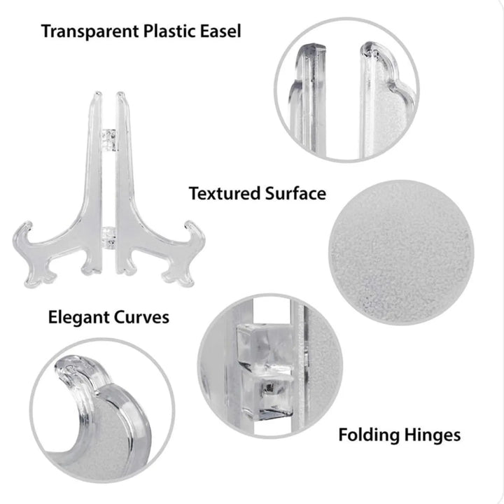 Transparent plastic easel shown on a white background with callout circles and text highlighting features: transparent plastic easel, textured surface, elegant curves, and folding hinges.