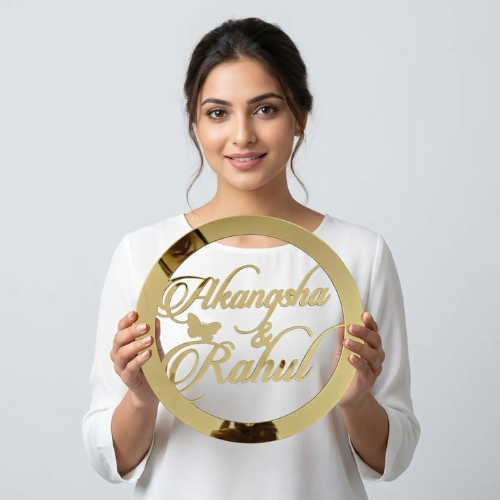 Personalized Golden Mirror Finish Circular Name Ring  Akangsha And Rahul