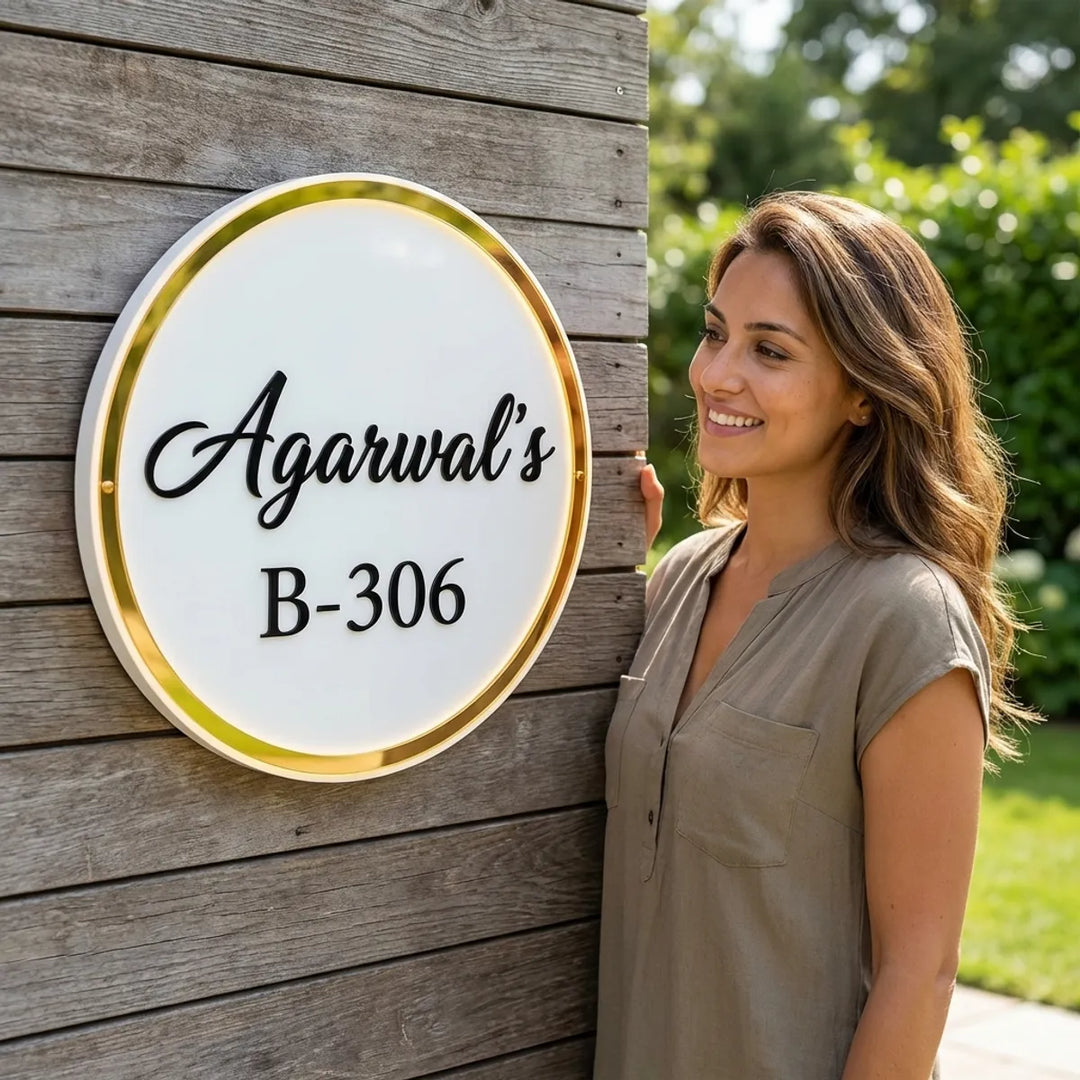 AgarwalS Customized Name Plate  Round Design With Golden Border
