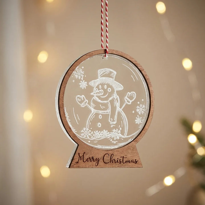 Gift Hatke Merry Christmas Snow Globe Ornament - Wooden Frame with Snowman Design