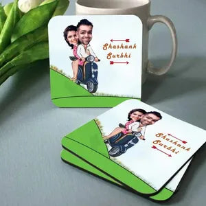 Personalized Caricature Coasters - Set of 6 (Couple on Scooter Design)