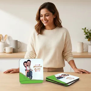 Personalized Caricature Coasters - Set of 6 (Couple on Scooter Design)