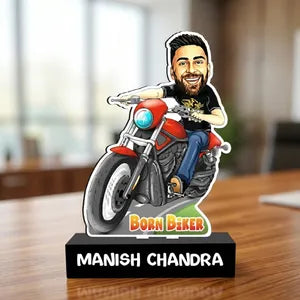 Personalized Caricature Standee - Born Biker Theme with Motorcycle and Custom Name