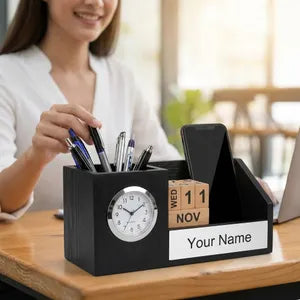 Personalized Desk Organizer with Pen Holder, Phone Stand, Calendar, and Clock