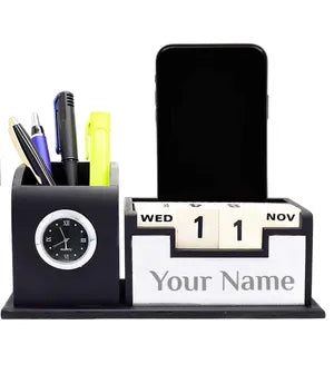 Personalized Desk Organizer with Pen Holder, Phone Stand, Calendar, and Clock