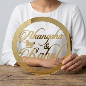 Personalized Golden Mirror Finish Circular Name Ring - Akangsha &amp; Rahul
