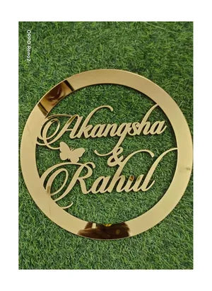 Personalized Golden Mirror Finish Circular Name Ring - Akangsha &amp; Rahul