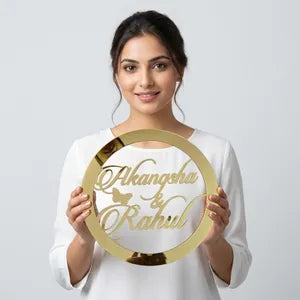 Personalized Golden Mirror Finish Circular Name Ring - Akangsha &amp; Rahul