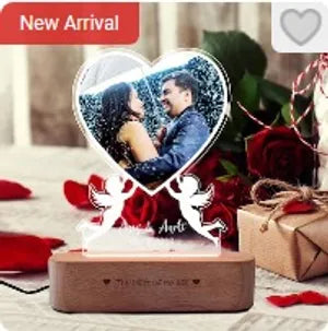 Personalized Heart-Shaped LED Photo Frame with Wooden Base