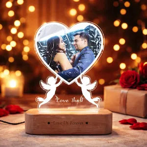 Personalized Heart-Shaped LED Photo Frame with Wooden Base