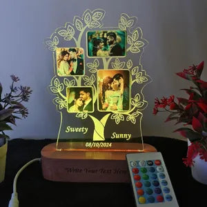 Personalized LED Family Tree Photo Frame with Remote Control - Customizable 4-Photo Display