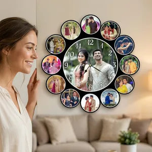 Personalized Photo Collage Wall Clock - 12 Inch Custom Picture Frame Clock with 12 Photo Slots