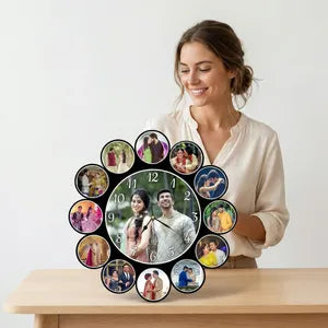 Personalized Photo Collage Wall Clock - 12 Inch Custom Picture Frame Clock with 12 Photo Slots