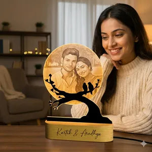Personalized Photo Moon Lamp with Tree Stand and Wooden Base