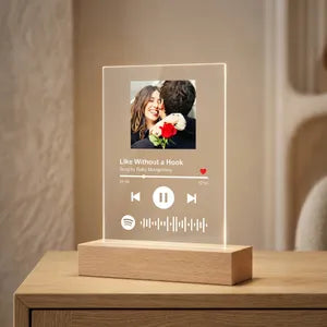 Personalized Spotify Music Plaque with Wooden LED Stand - Custom Photo &amp; Song
