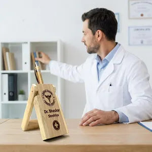 Personalized Wooden Mobile Stand with Pen Holder - Doctor Theme