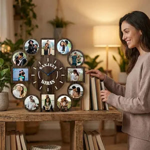 Personalized Wooden Photo Frame Wall Clock with 12 Picture Slots
