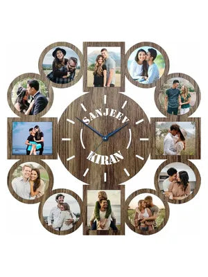 Personalized Wooden Photo Frame Wall Clock with 12 Picture Slots