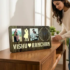 Personalized Wooden Photo Frame Wall Clock with Couple Name - Romantic Home Decor Gift