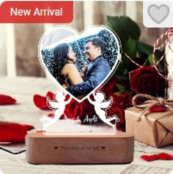 Personalized Heart Shaped Led Photo Frame With Wooden Base