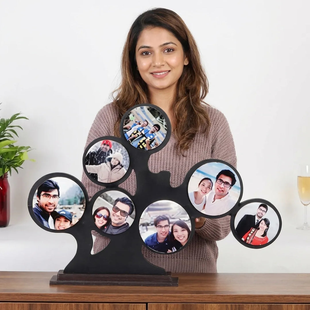 Family Tree Photo Frame With 7 Picture Slots  Black Wooden Desktop Frame